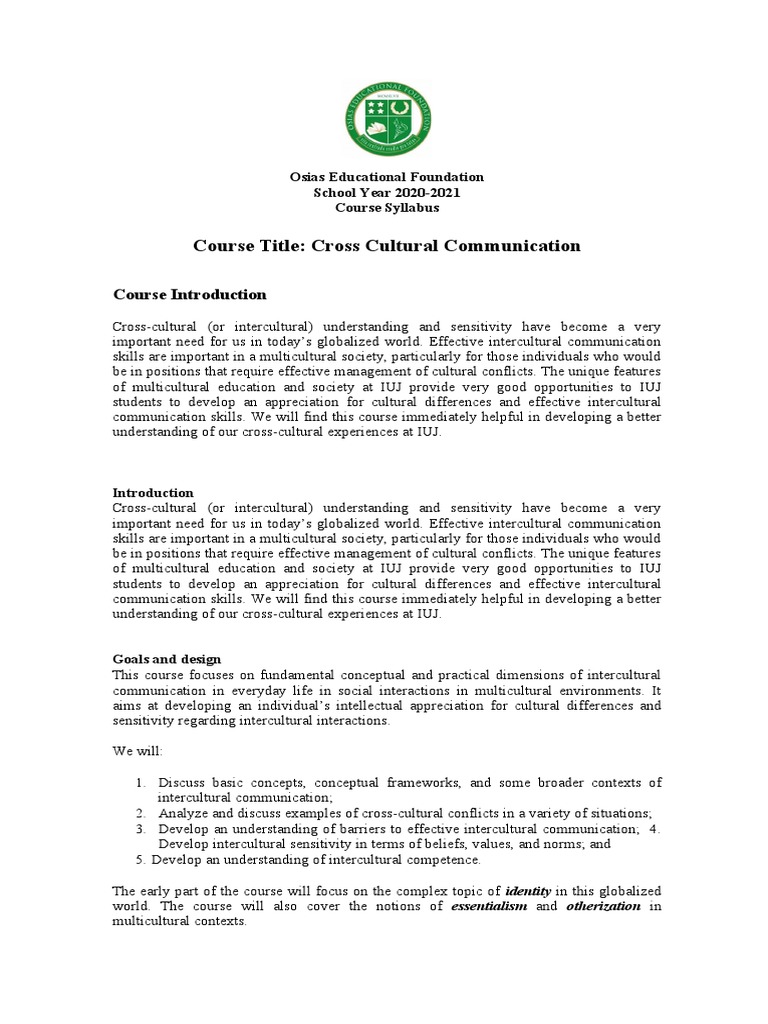 Cross Cultural Communication Syllabus | PDF | Cross Cultural ...