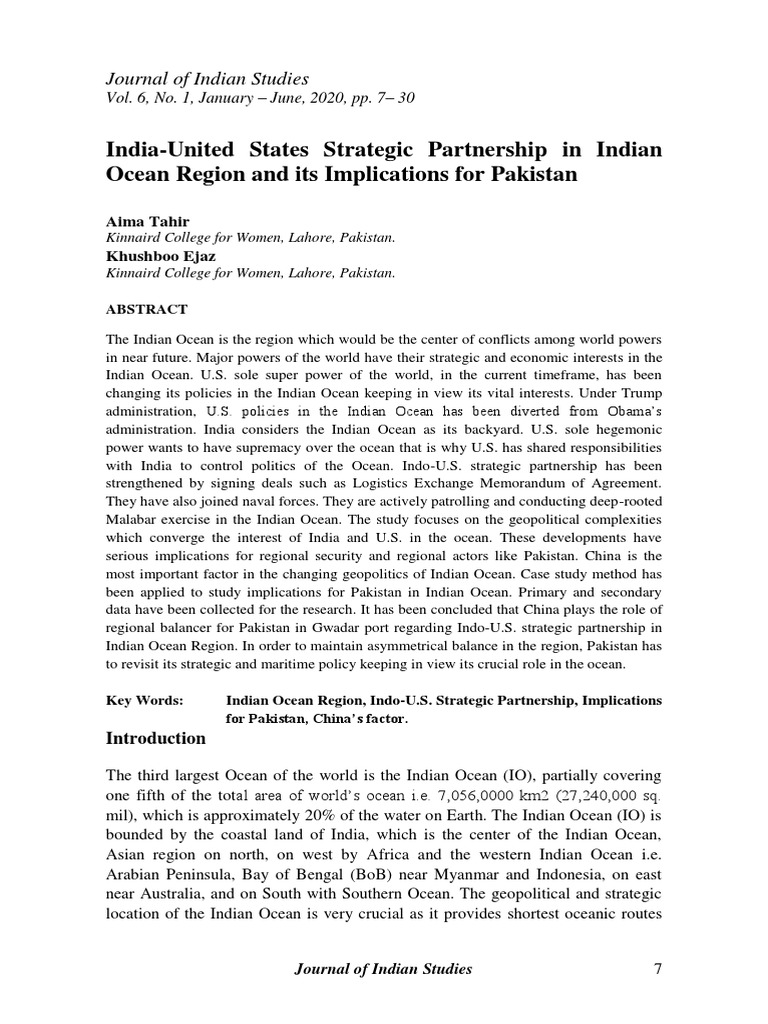 India-US Strategic Partnership in Indian Ocean Region: Implications for ...