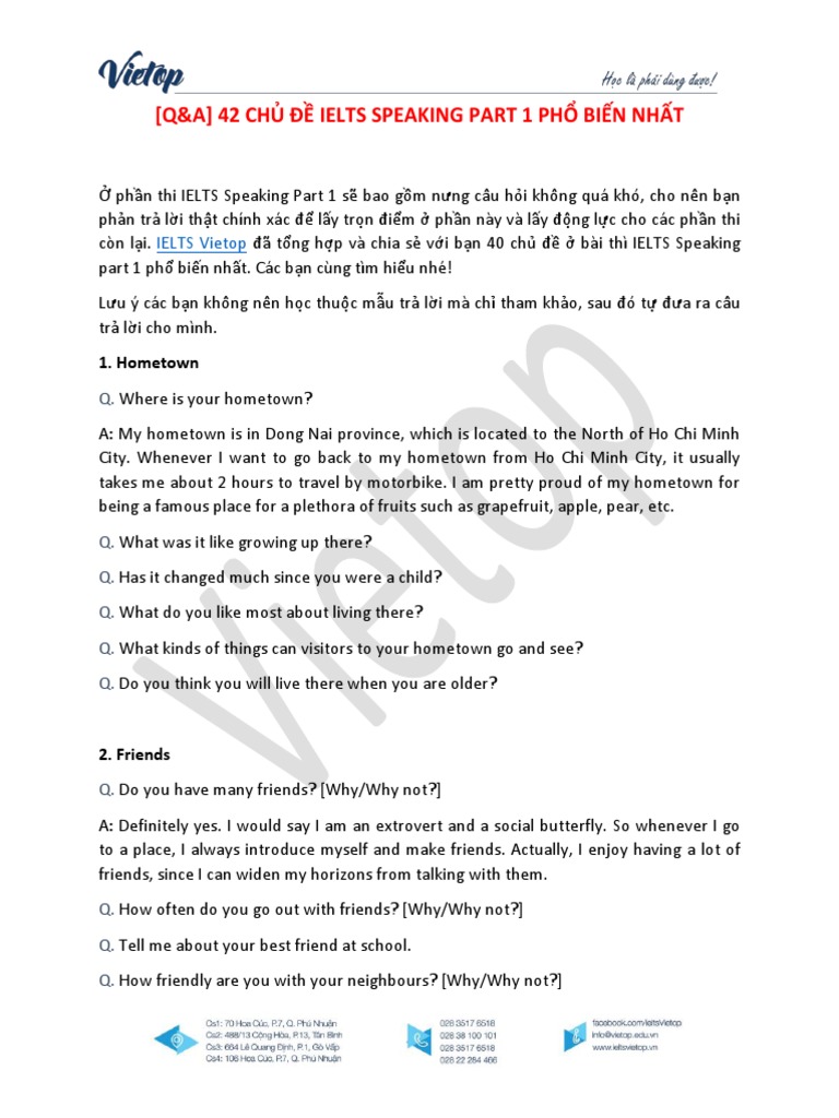 42 Common IELTS Speaking Part 1 Topics | PDF | Vietnamese Cuisine | Foods