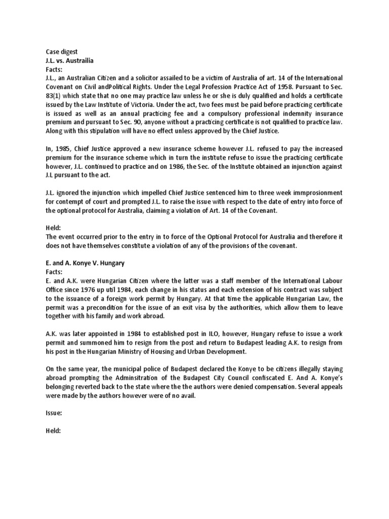 Case Digest: J.L. vs. Australia & Konye v. Hungary | PDF | Insurance ...