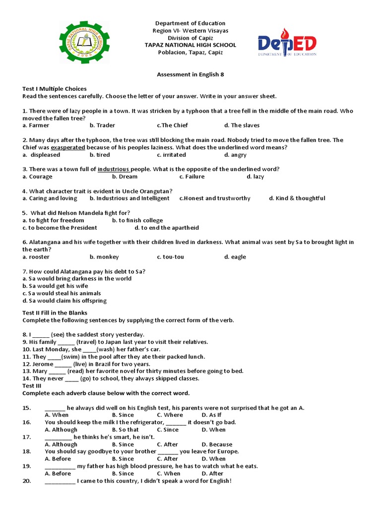 Grade 7 English Assessment Test | PDF | Clause | Sentence (Linguistics)