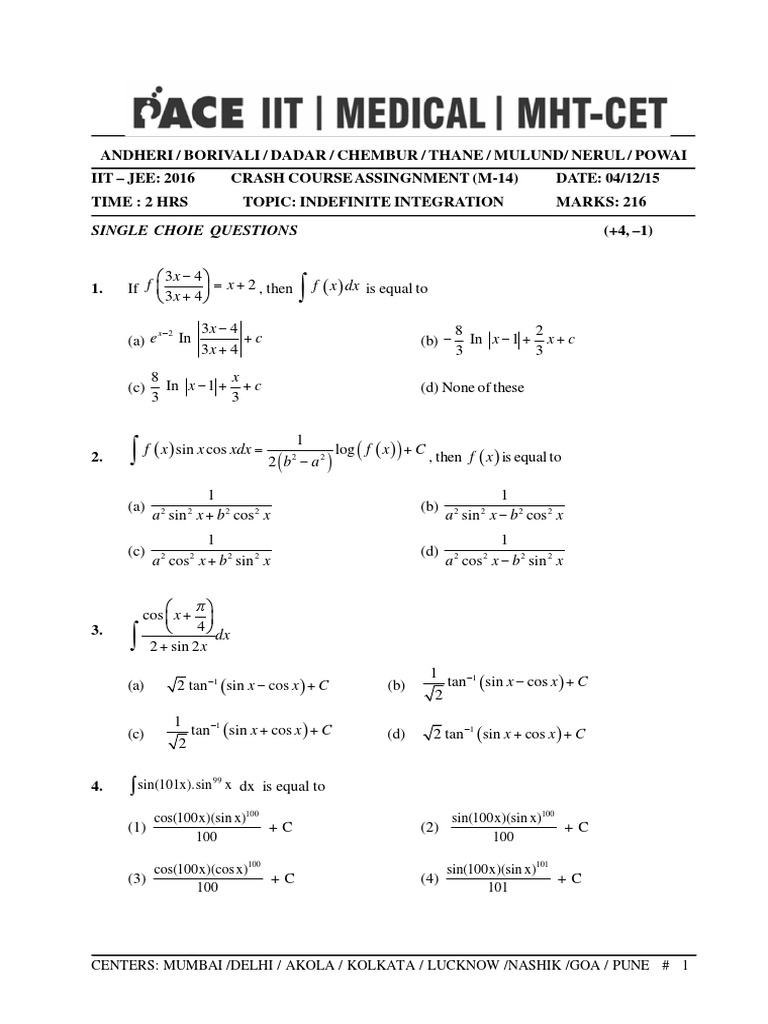 IIT JEE 2016 Indefinite Integration Assignment | PDF | Quadratic ...