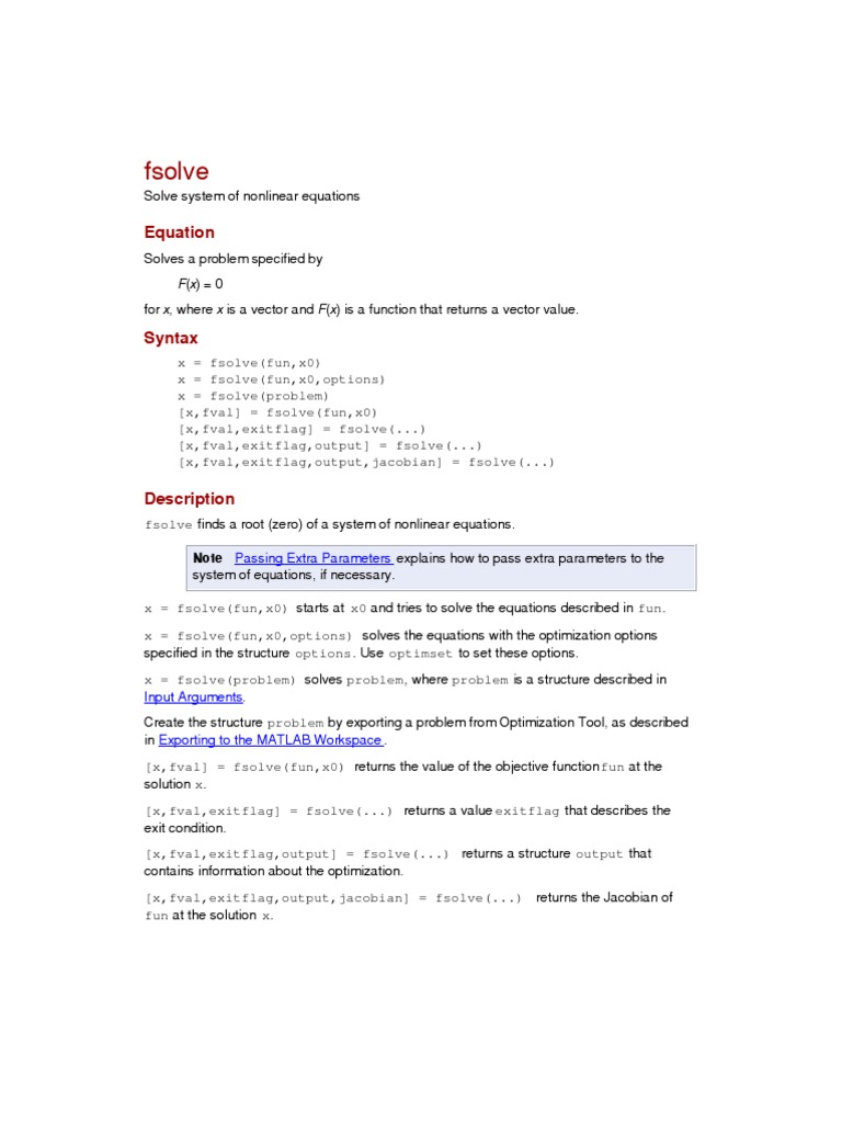 Help - Fsolve - MATLAB | PDF | Mathematical Optimization | Linear Algebra