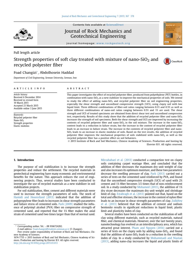 Strength Properties Of Soft Clay Treated With Mixture Of Nano Sio2 And Recycled Polyester Fiber Pdf Strength Of Materials Soil