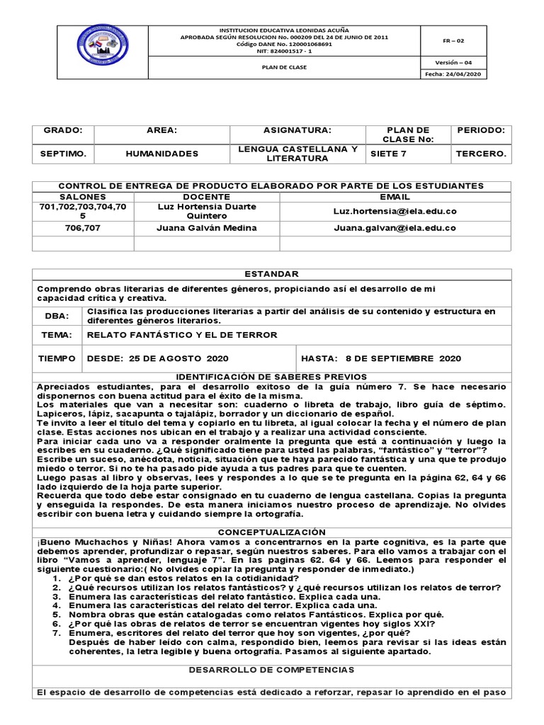 Plan de Clase 7. Lengua Castellana Septimo | PDF | Evaluación | Aprendizaje