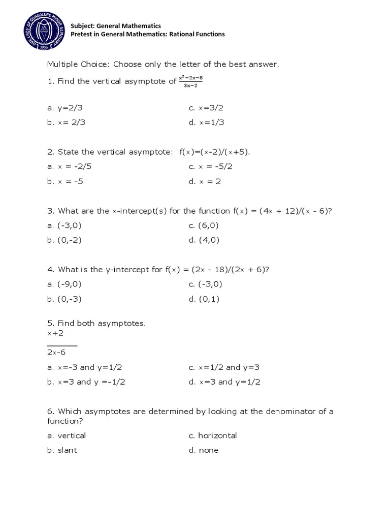 Rational Functions Pretest Quiz | PDF | Asymptote | Geometry