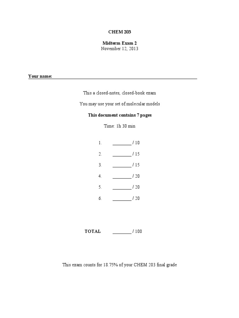 CHEM 203 Midterm Exam 2 | PDF | Alkene | Chemical Reactions