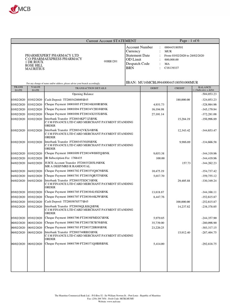 Current Account Statement Summary | PDF | Payments | Transaction Account