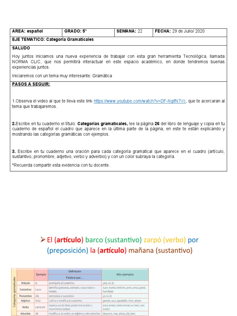 Area De Categorias Gramaticales Pdf Sustantivo Adjetivo