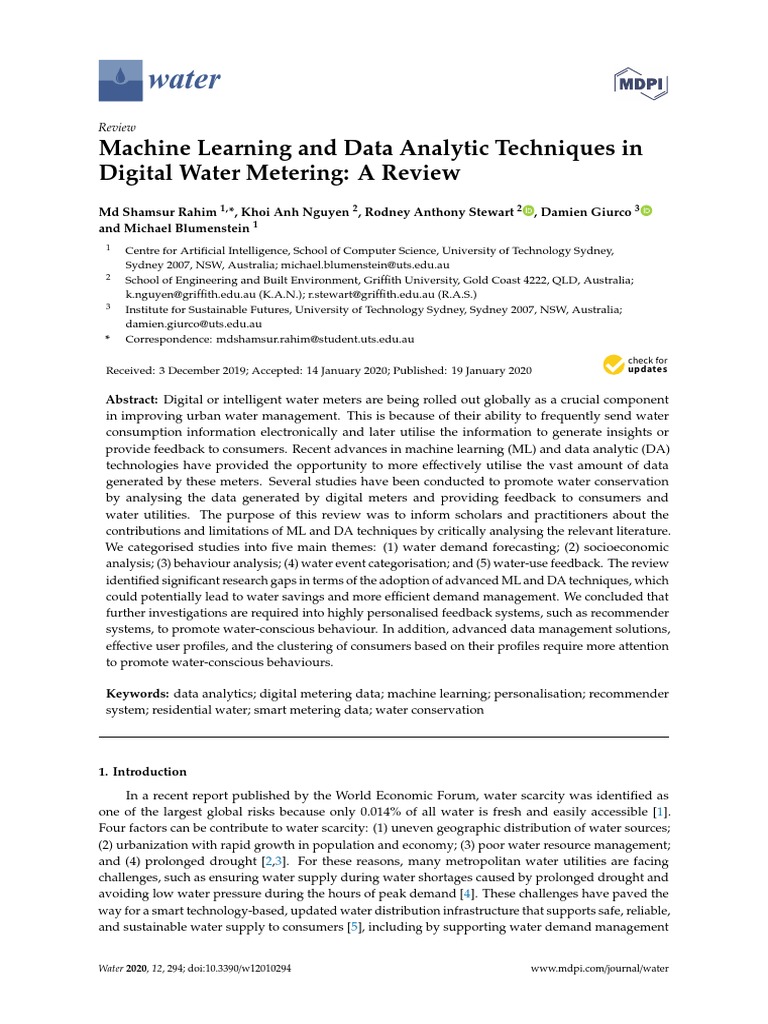Water: Machine Learning and Data Analytic Techniques in Digital Water ...