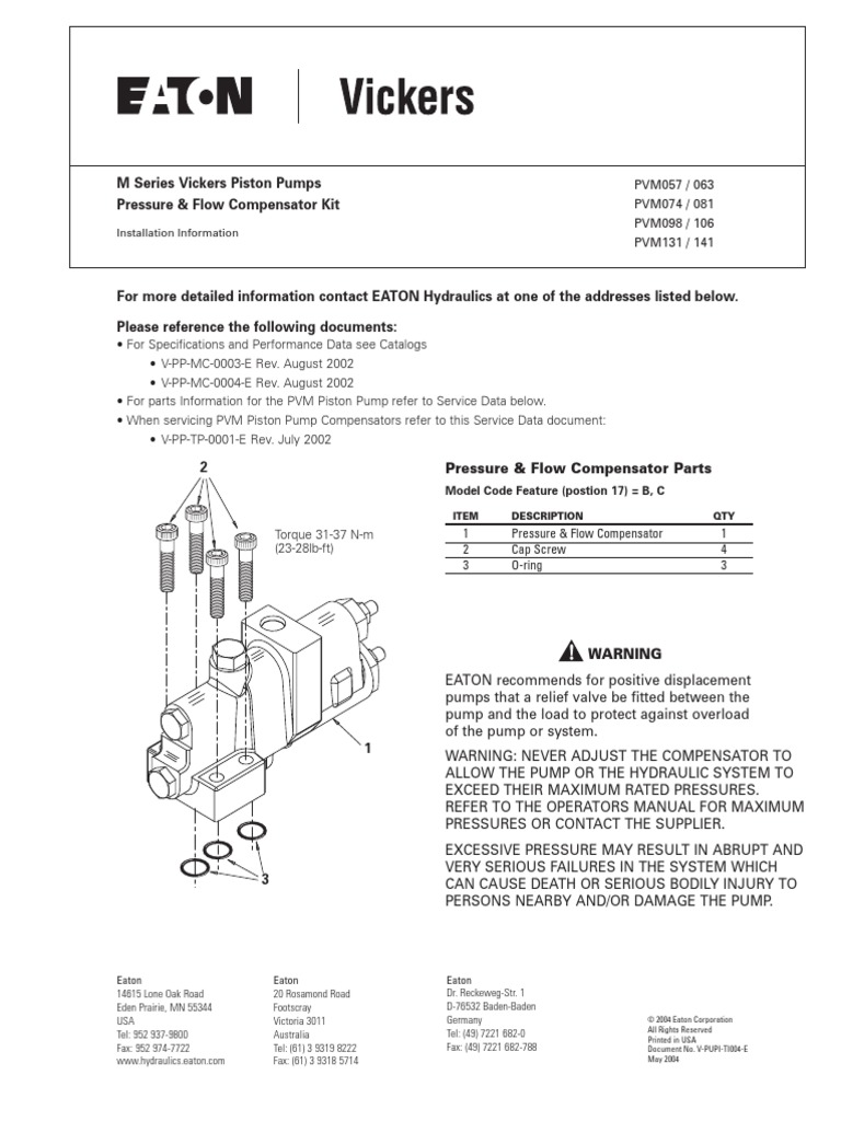 M Series Vickers Piston Pumps Pressure & Flow Compensator Kit PDF