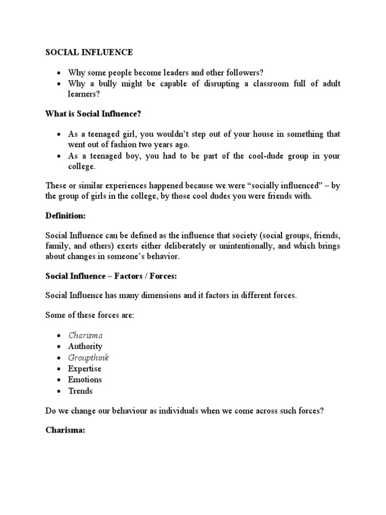 Notes On Social Influence Final | PDF | Behavior Modification ...
