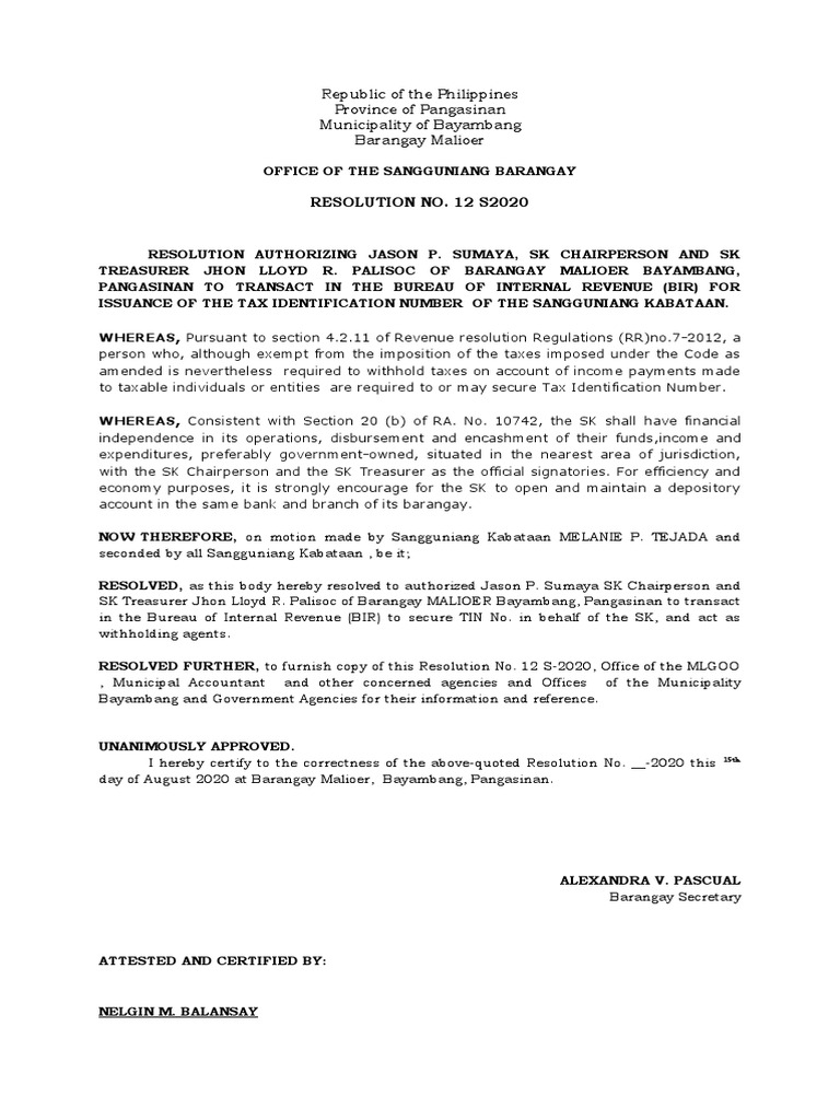SK Resolution for BIR TIN Authorization | PDF | Taxes | Payments