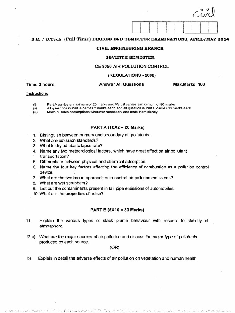 Seventh Semester Examination on Air Pollution Control Covering Fundamental Concepts, Pollution