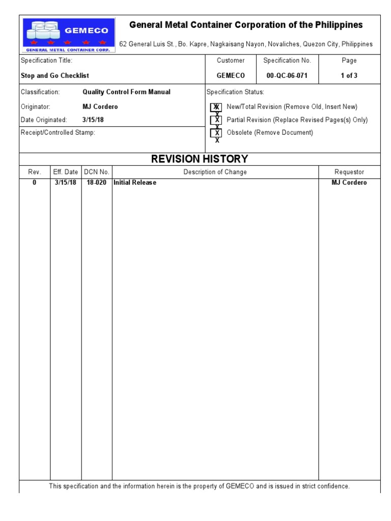 Revision History General Metal Container Corporation of The