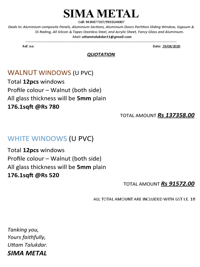 Quotation for U PVC Windows by SIMA METAL | PDF