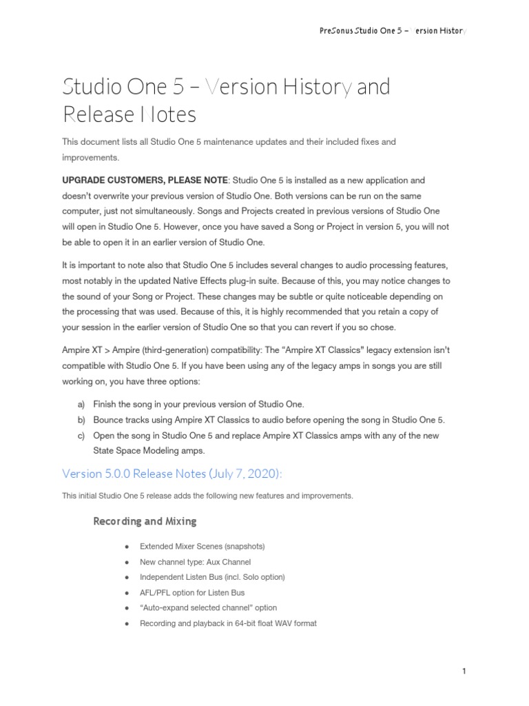 Studio One 5 Version History & Updates | PDF | Audio Engineering | Sound