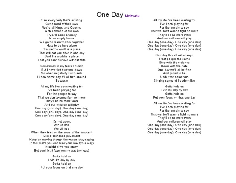 One Day Lyrics By Matisyahu Pdf