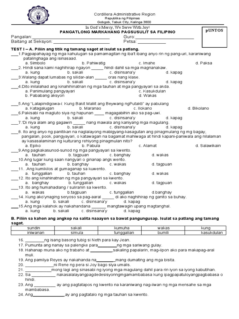 Unang Markahang Pagsusulit Sa Filipino 7 | PDF