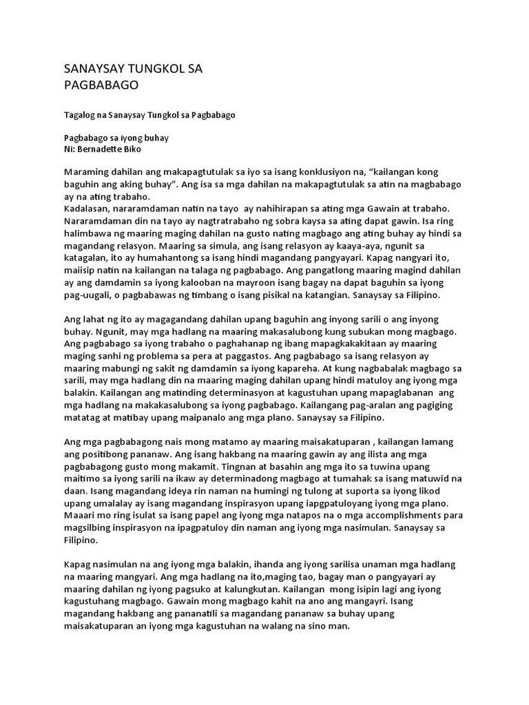 Sanaysay Tungkol Sa Pagbabago  PDF