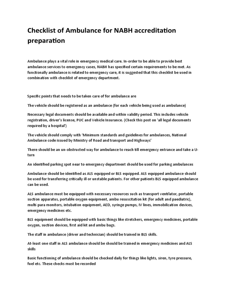 Checklist of Ambulance For NABH Accreditation Preparation PDF