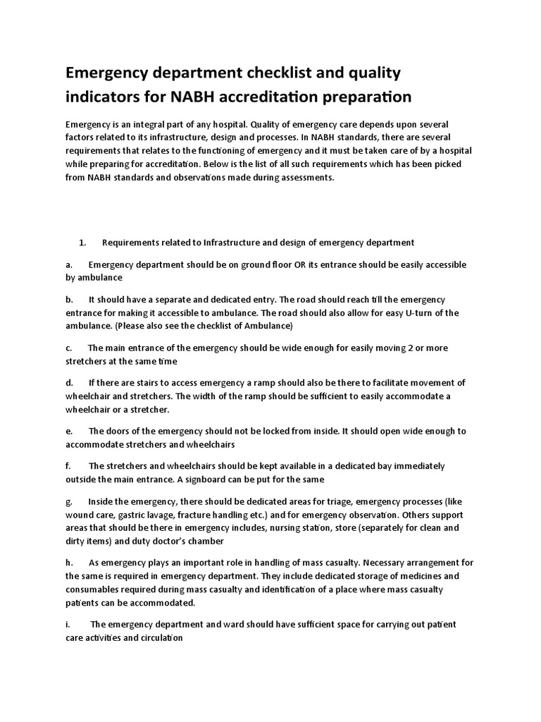 Emergency Department Checklist and Quality Indicators For NABH