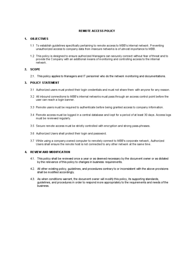 Remote Access Policy 1. Objectives PDF
