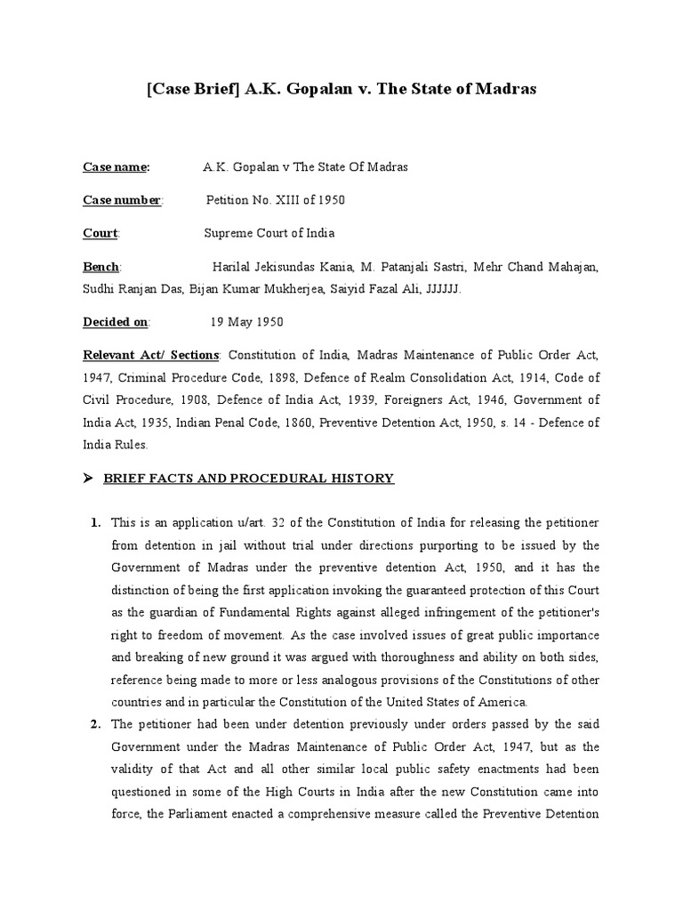 Brief ak gopalahn v state of madras pdf due process clause