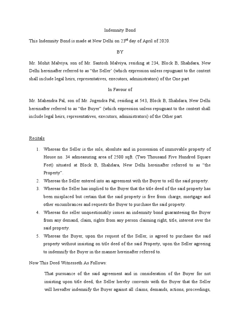 Indemnity Bond PDF Indemnity Deed