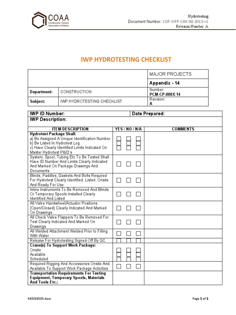 Hydrotesting Checklist for Major Projects | PDF | Pipe (Fluid ...