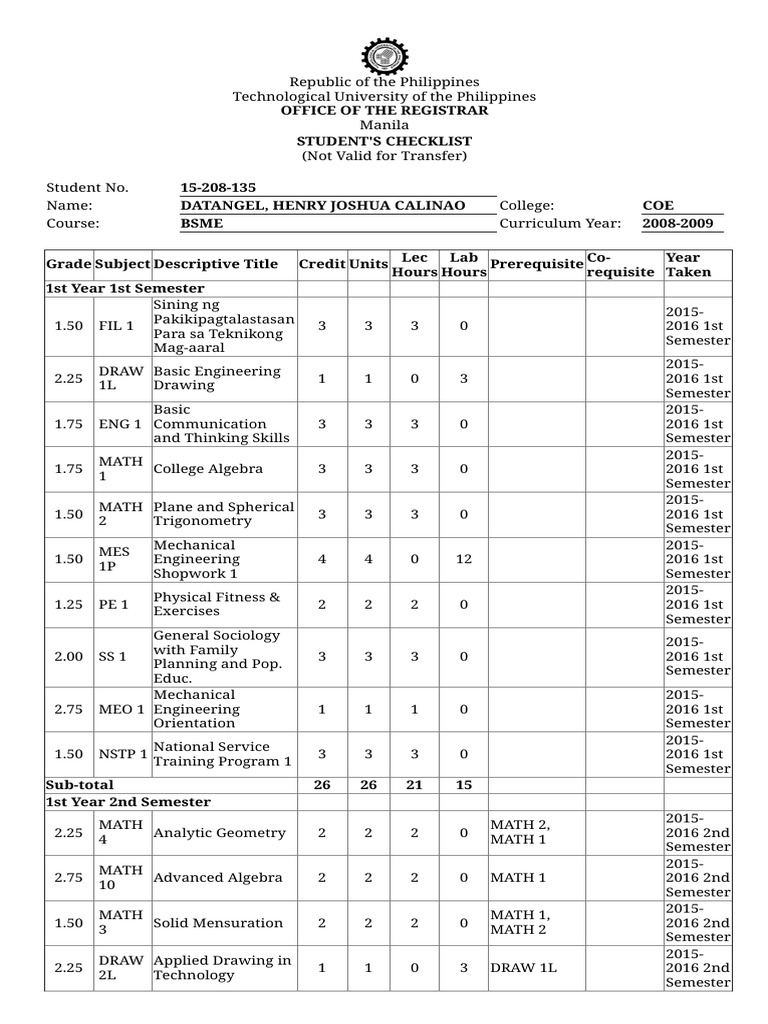 BSME Student Checklist Philippines | PDF | Machines | Engineering