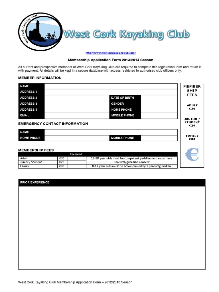 West Cork Kayaking Club Membership Form | PDF | Legal Guardian | Safety