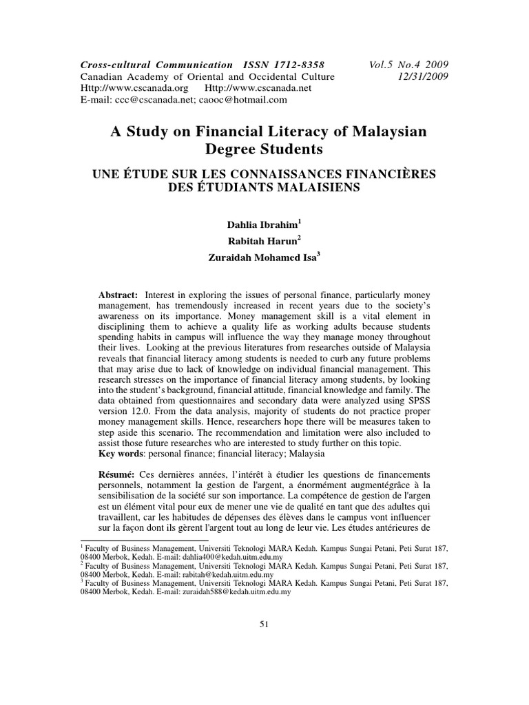 Financial Literacy Among Malaysian Students | PDF | Financial Literacy ...