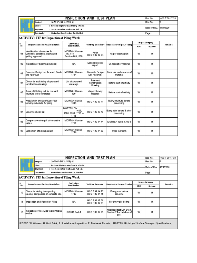 Piling Work Inspection Test Plan | PDF | Composite Material | Concrete