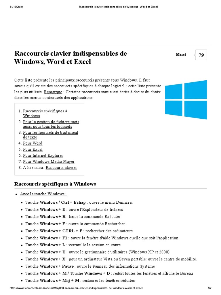 Raccourcis Clavier Essentiels Word et Excel PDF Contrôle (touche — free download