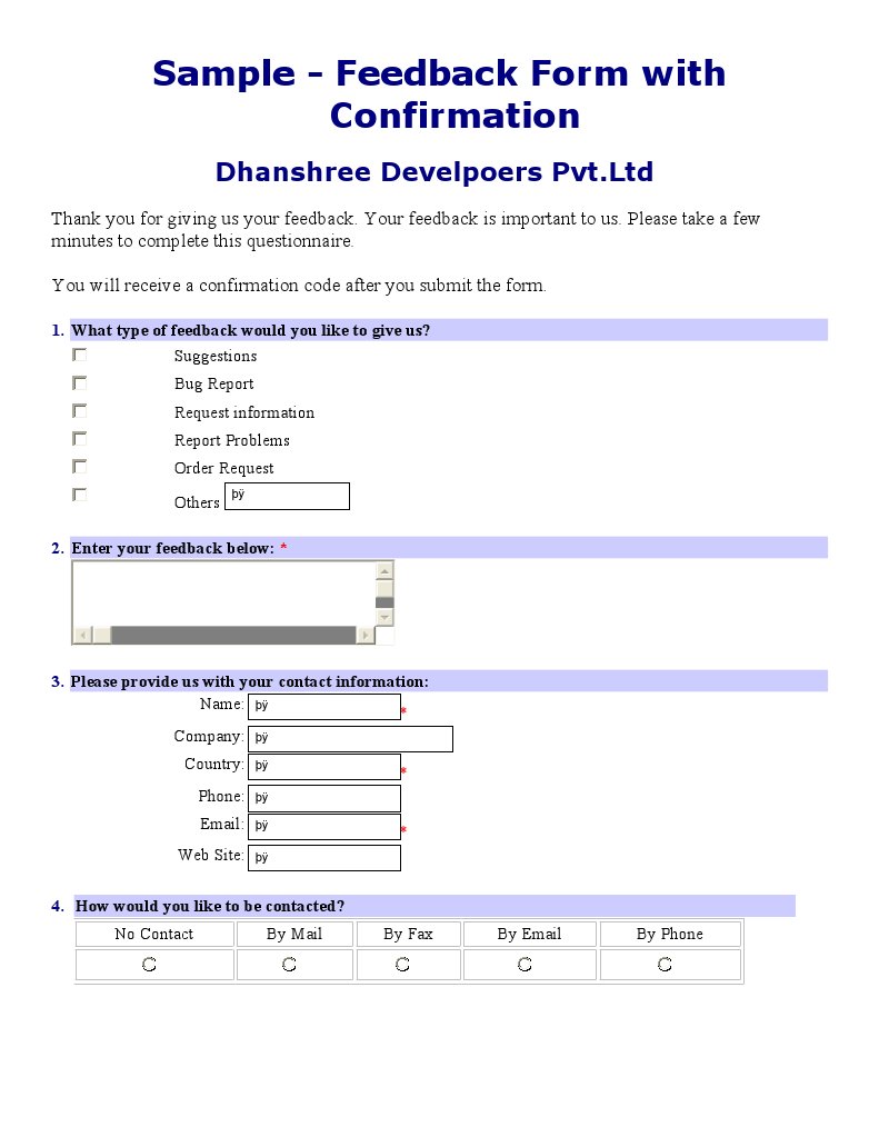 Sample - Feedback Form With Confirmation: Dhanshree Develpoers PVT ...