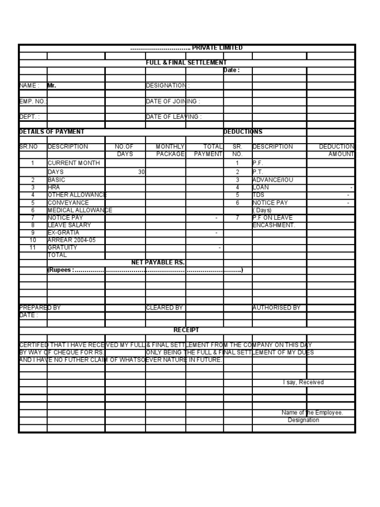 24 Full And Final Settlement Format1 115 Payments Money