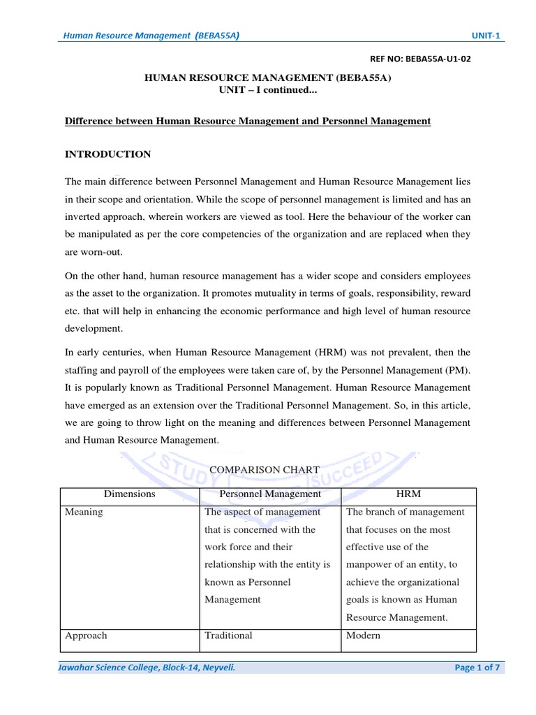 HRM vs Personnel Management Overview | PDF | Human Resource Management ...