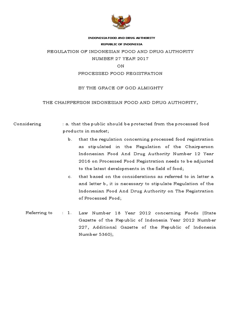 Processed Food Registration (PerKBPOM 27 Yr 2017) PDF Foods License