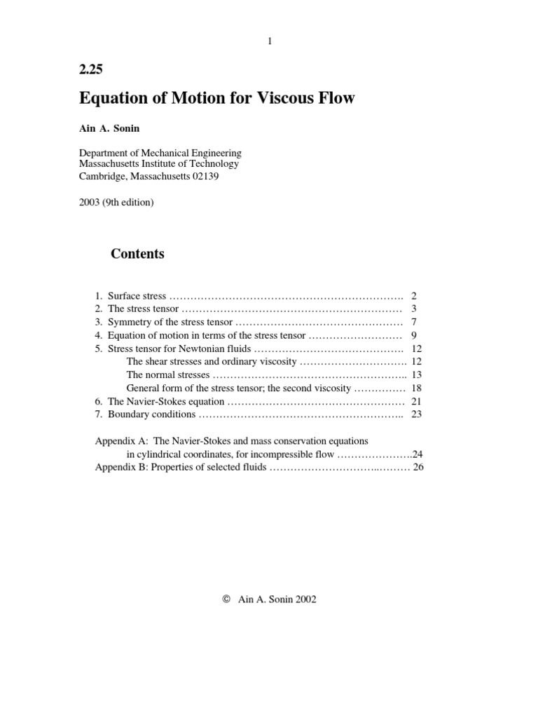 Equation of Motion For Viscous Flow: Ain A. Sonin | PDF