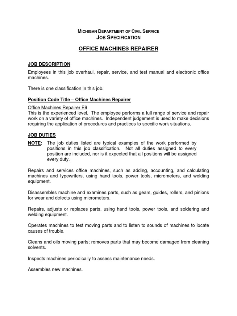 Office Machines Repairer Job Overview | PDF | Tools | Welding