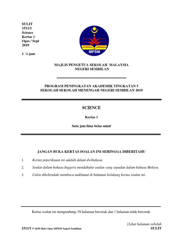 Kertas 1 Pep Percubaan Spm Negeri Sembilan 2019 Soalan Pdf
