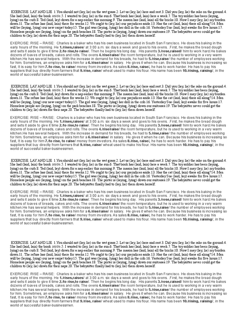 Exercises Lie Lay and Rise Raise | PDF | Breads | Dough