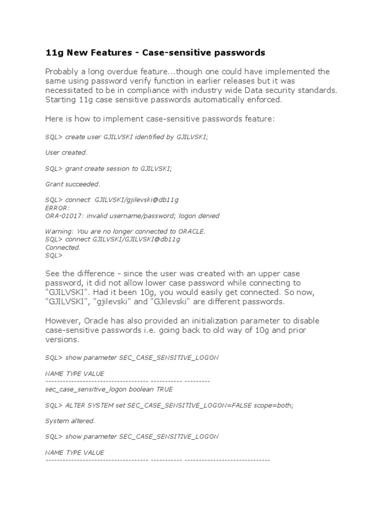 11g New Features CaseSensitive Passwords PDF Password Oracle