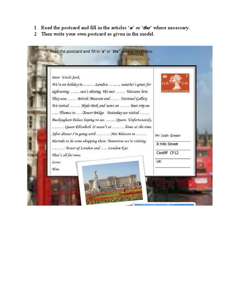 1 Read The Postcard and Fill in The Articles A' or The' Where Necessary ...