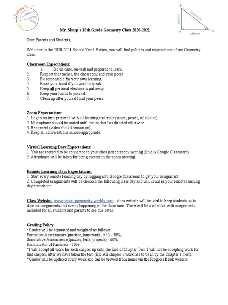 10th Grade Geometry Class Guidelines | PDF | Classroom | Pedagogy