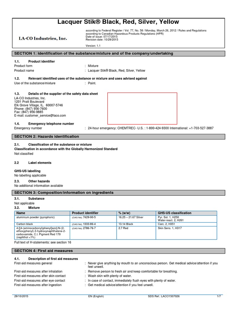 Lacquer Stik® Black, Red, Silver, Yellow PDF Toxicity Dangerous Goods
