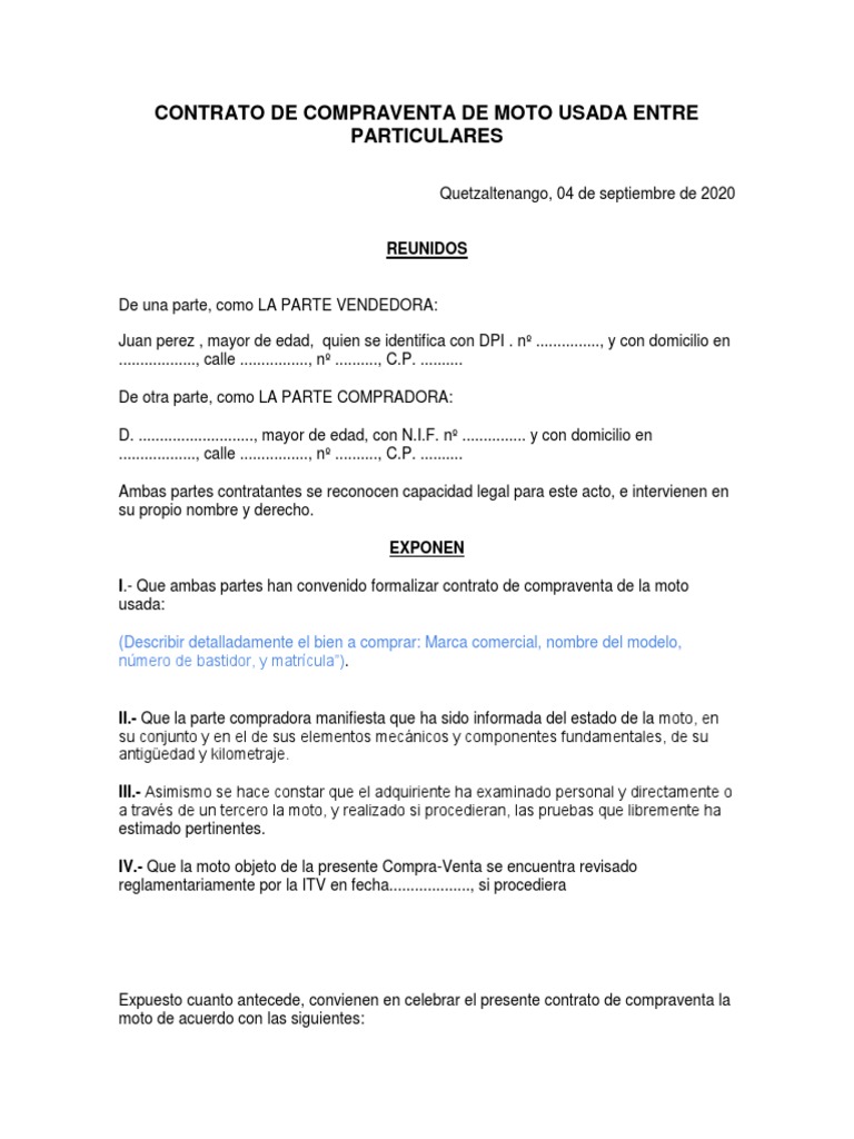 Contrato de Compraventa de Motocicleta Usada Entre Particulares | PDF ...