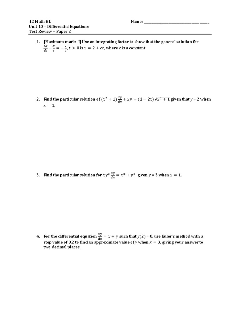 Unit 10 Review Differential Equations | PDF | Ordinary Differential ...