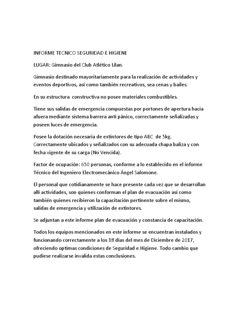 Informe Técnico de Seguridad e Higiene | PDF